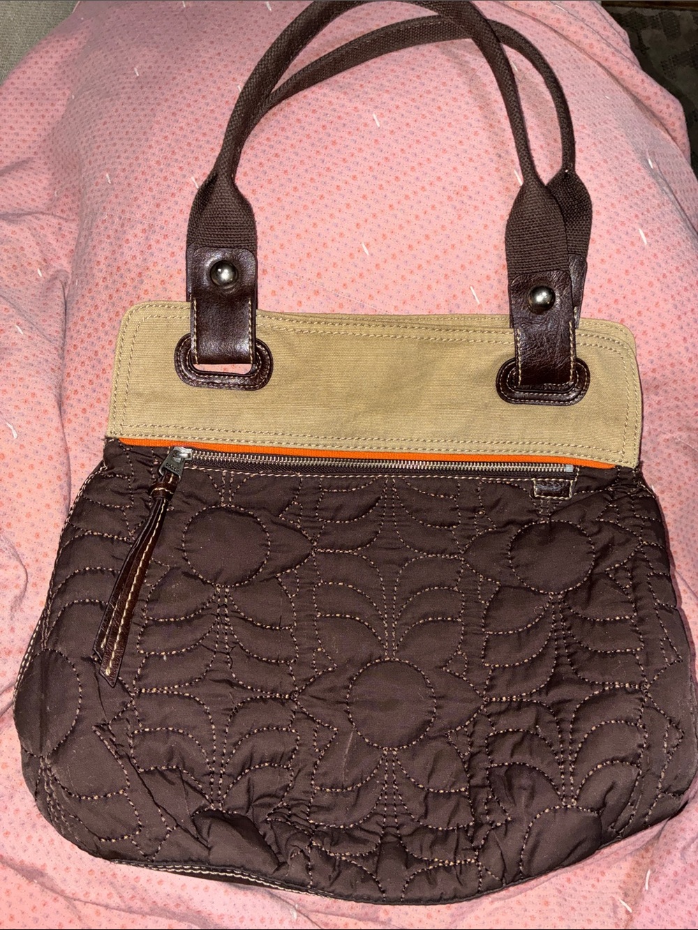 Fossil Quilted Brown Shoulder Bag with Tan Accent